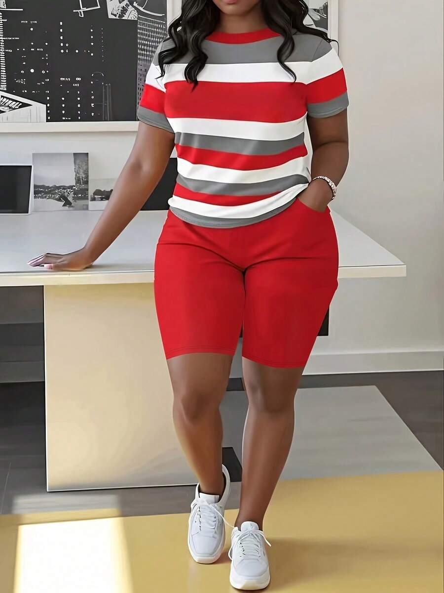 Plus Size Women's Fashion Two-Piece Suit, Round Neck Short-Sleeved Top And Shorts Set, Striped Print Short-Sleeved Shorts Two-Piece Suit - 紅色 - 查看 1