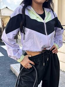 Never me 女士秋冬季防风撞色宽松拉链抽绳连帽夹克，适合休闲约会、健身、防晒和运动穿着。 - 紫色 - 查看 2