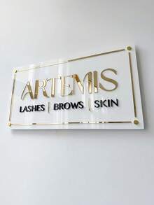 定制透明亚克力招牌，玫瑰金和金色字母及金色线条，定制矩形美容院装饰招牌，3D亚克力商业招牌 | 定制壁挂式招牌 | 矩形Logo招牌 | 适用于美发沙龙、美甲工作室、美容诊所、美容店、圣诞装饰、圣诞节、家居装饰 - 白色 - 查看 9