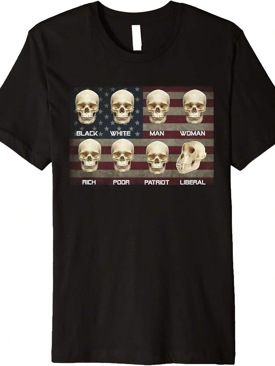 Black White Patriot Liberal Skulls Pm T-Shirt - Style 26 - View 1