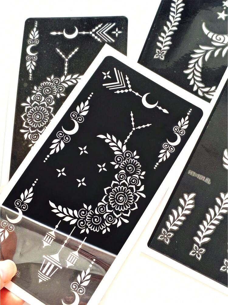 4 ورقات من أنماط الوشم المؤقت بتصميمات القمر - أنماط زهرية جذابة للأيدي، للرسم DIY، للحبر، ملصقات قوالب الحناء القابلة لإعادة الاستخدام لحفلات النساء والمكياج - الأسود - مشاهدة 6