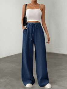 Light Blue Linen Drawstring Waist Wide Leg Pants Casual High Waist Baggy Trousers For Women - Blue - View 9