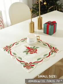 1pc Polyester Mesh Fabric Christmas Table Runner With Chain Embroidery, Christmas Flowers, Candles, Bells And Other Christmas Elements, European Style, Suitable For Kitchen, Dining Table, Desk, Coffee Table, Cabinet, Home Decor, Indoor & Outdoor, Party, Wedding Decorations, Multiple Sizes Available