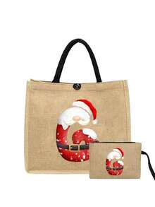 Linen Tote Bag, Including A Printed Initials A-Z Tote Bag And A Printed Small Bag, Letters, Flowers, Christmas Gift, Mother'S Day Gift, Personalized Gift Package, Yellow Linen BlackTote Bag With Black Buckle, Combination Of Small And Large Bags, Suitable For Weddings, Birthdays, Beaches, Holidays - Multicolor - View 44