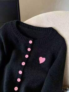 Minimalist Color Block Embroidered Round Neck Button Front Fashionable Heart Knit Top Pink - Pink - View 3