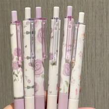 6 piezas Bolígrafo de tinta negra con botón a presión con rosa púrpura, de valor alto para estudiantes, práctica de exámenes, suave y fácil de escribir