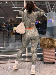 Autumn Retro Style Fashion Slim Fit Floral Pattern Cropped Top Tight Trousers Daily Street Women's Suit