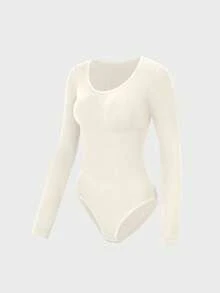 1pc Women's Black Seamless Crew Neck Long Sleeve Shapewear, Full Coverage Comfortable Bodysuit - Apricot - View 7