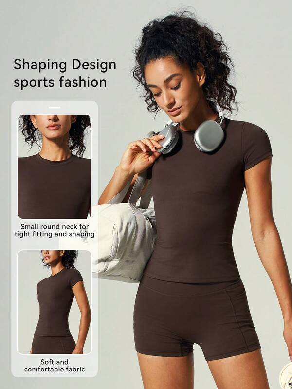 UONNOU 1 Peça de Camiseta Esportiva Feminina de Manga Curta com Tecido Modelador Macio e Confortável, com Gola Redonda Pequena e Calça Modeladora na Cintura. Pode ser usada por dentro ou por fora. Adequada para Esportes, Ioga ao Ar Livre, Exercícios Leves, Corrida, Exercícios, Lazer Diário, Transporte, Tops Esportivos Sólidos Elegantes e Versáteis para Todas as Estações.