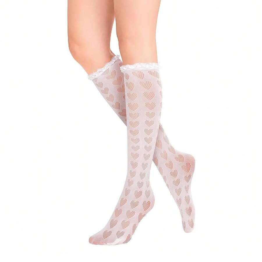 Benefeet Sox Lace Knee High Socks Women Girls Patterned Mesh Fishnet Knee High Stockings Hollow Calf Lolita Sock{"Color_name":"White-Heart"} - 白心 - 查看 1