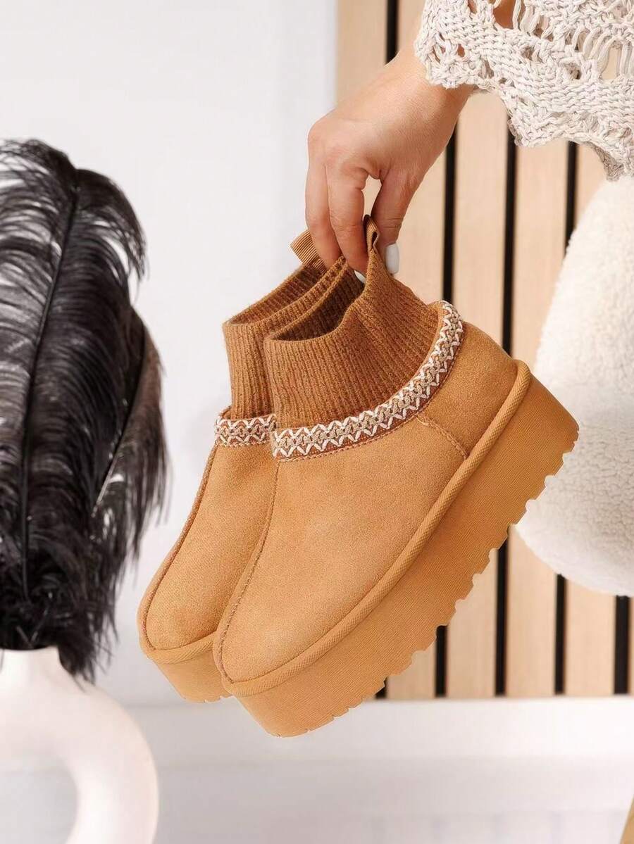 Women's Casual Versatile Knit Patchwork Snow Boots, Winter - Camel - View 1