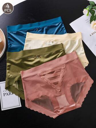 4 pièces/set Culottes de contrôle du ventre mi-taille légères et semi-transparentes en maille, culottes sexy sans couture, respirantes et ajourées pour femmes