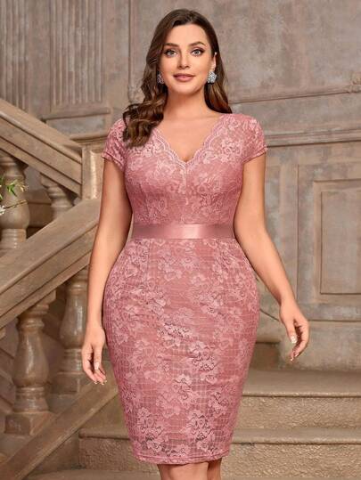 Vestido ajustado de satén con cuello en V, encaje floral y cintura, talla grande, adecuado para fiestas de cóctel, invitados de boda, negocios, cumpleaños, graduación, regreso a casa, salida nocturna en primavera