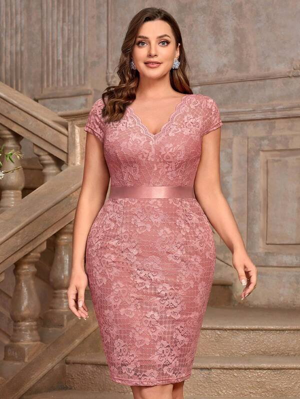 Plus Size V-Neck Full Floral Lace Ribbon Waist Cocktail Party Bodycon Dress, Wedding Guest Dress, Business Work Dress, For Birthday, Graduation, Homecoming, Night Out