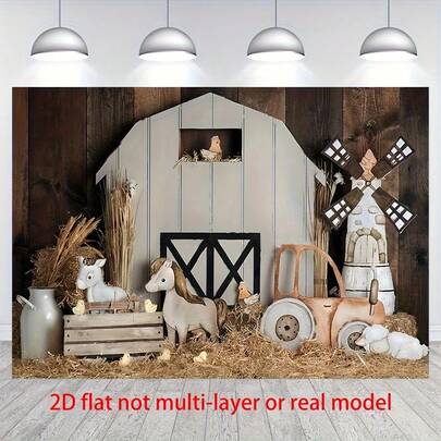 2D Flat Banner, Single Panel, Displaying A White Barn Farm Photography Backdrop, Suitable For Birthday Cake Smash Photos, Featuring Cow And Sheep Design With Windmill, Ideal For Photography Studio Props