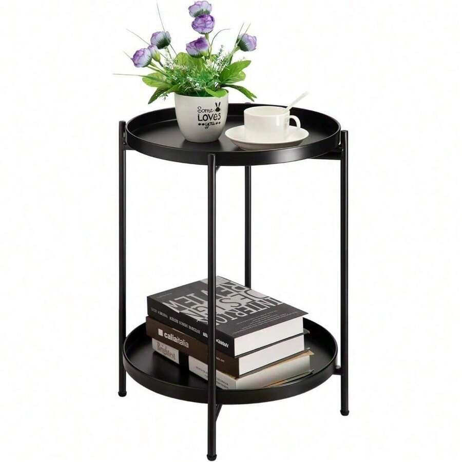 Round Side Table With 2-Tier Storage Modern Metal End Table With Removable Tray Small Coffee Table For Living Room Bedroom Balcony Patio - Black - View 1