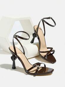 Women's Classic Fashion Buckle Decor Small Square Toe Heart-Shaped Stiletto High Heel Sandals, Soft Texture Mirror Surface Material, Ankle Strap, Suitable For Christmas, All Seasons, Night Party, Banquet, Shopping, Dating, Gift, Avant-Garde Sexy Luxurious Style, Coffee Brown High Heels To Match Autumn Women's Wear,Spring Summer Outfits - Coffee Brown - View 4