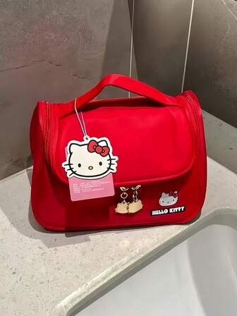 Sanrio Hello Kitty Cosmetic Bag For Women, Travel Portable, Large-Capacity, Cute Cosmetic And Toiletries Bag, Made Of Durable Polyester Material, Portable Handle Design, Odorless, Suitable For Travel And Daily Use Autumn University Essentials Travel Essentials Holiday Vacation Travel Bag For Women Makeup Bag Makeup Organizer