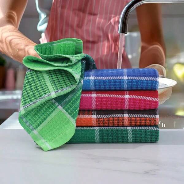 4pcs Super Absorbent Cotton Blend Kitchen Towels - Large, Soft & Durable Dish Cloths, Machine Washable, Great For Drying And Cleaning, Modern Space-Themed Design, Vibrant Colors, Essential For Home Cleaning | Plaid Pattern Towels | Cotton Blend Fabric, Dish Cloths