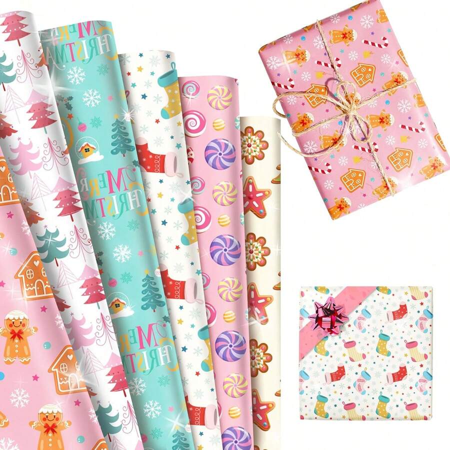 Christmas Wrapping Paper Design With Gingerbread Man And Candies, Cute Cartoon Style Holiday Wrapping Paper, High-Quality Paper Material With Clear Printing And Vibrant Colors, Suitable For Children's Party Gift Boxes, Family Christmas Gift Exchange, Christmas Tree Decoration, DIY Gift Wrapping, And Various Occasions To Enhance The Holiday Atmosphere, Ideal For Family Gatherings, Kindergarten Activities, And Holiday Gift Packaging