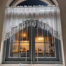 1pc Beaded Arched Lace Door Curtain Valance With Tassel White Pompoms Pattern Princess Style Sheer Short Cafe Curtain For Kitchen Bathroom Window Rod Pocket Top - White - View 1