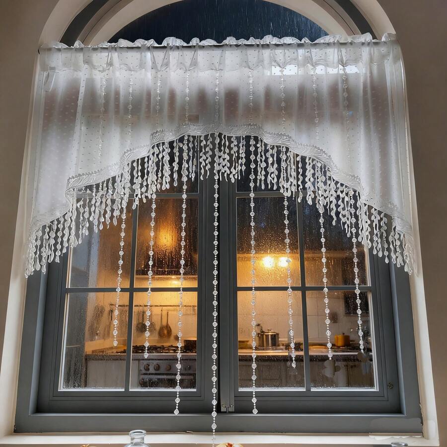 1pc Beaded Arched Lace Door Curtain Valance With Tassel White Pompoms Pattern Princess Style Sheer Short Cafe Curtain For Kitchen Bathroom Window Rod Pocket Top - White - View 1