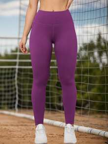 Women's Solid Color Yoga Leggings With Pockets, Tummy Control, Squat Proof, Stretchy Workout Pants - Purple - View 4
