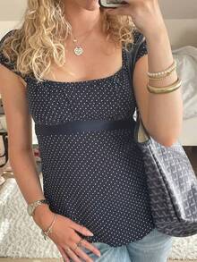 Women Fairy Grunge Y2k Babydoll Shirt Cap Sleeve Micro Polka Dot Tie Back Flowy Babydoll Top Preppy Clothes - 藍色 - 查看 5