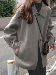 女士简约纯色口袋前襟纽扣翻领插肩袖大衣，秋冬款 - 花灰色 - 查看 5