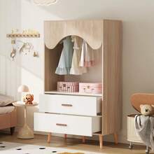 Children's Wardrobe, Wardrobe With Clothes Rail, With Drawers, Open Wardrobe, Solid Wood Handles, Chipboard, White + Natural Wood, 80*46*141.5cm - White - View 3