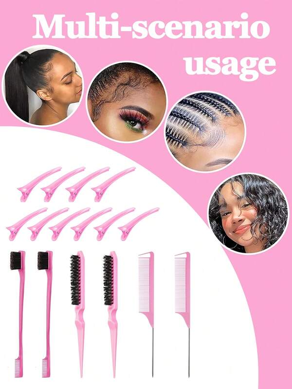 16 قطعة مجموعة فرش صبغ الشعر - مشابك شعر، فرشاة تجميل للشعر، فرشاة حواجب ذات طرفين، فرشاة تصفيف مكياج، مشط ذيل الفأر من الصلب، فرشاة فك تشابك صالون ذات 3 صفوف، فرشاة حافة الشعر ذات وجهين، مشط ذيل الفأر، مشبك شعر على شكل تمساح