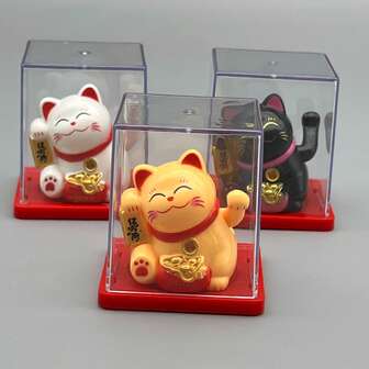 Lucky Cat Mini Waving Fortune Cat Statue Solar Powered Swinging Arm - Tilted Head Cat - With Dust Cover, Suitable For Office Desk, Decorative Tabletop, Holiday Decor