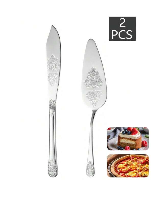 Conjunto de 2 utensílios de cozimento em relevo de aço inoxidável - faca e espátula para pão de queijo, adequado para pizza, bolo, torta, pão, ideal para restaurantes, casamentos, festas de aniversário, presentes, sobremesas e cortes de bolos