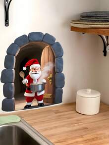 1 PIEZA Pegatina de arco de piedra 3D navideño - Adhesivo de Papá Noel chef cocinando con acentos de cristal para decoración de ventana de cocina, vinilo semi mate para superficies, forma decoración festiva de chimenea y puerta