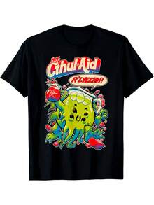Camiseta gráfica para hombres "Cthulhu Aid" - 100% algodón, ajuste casual, manga corta, cuello redondo - diseño vibrante de Cthulhu estilo anime con letras en negrita, tela no elástica - perfecta para todas las estaciones - Negro - Ver 1