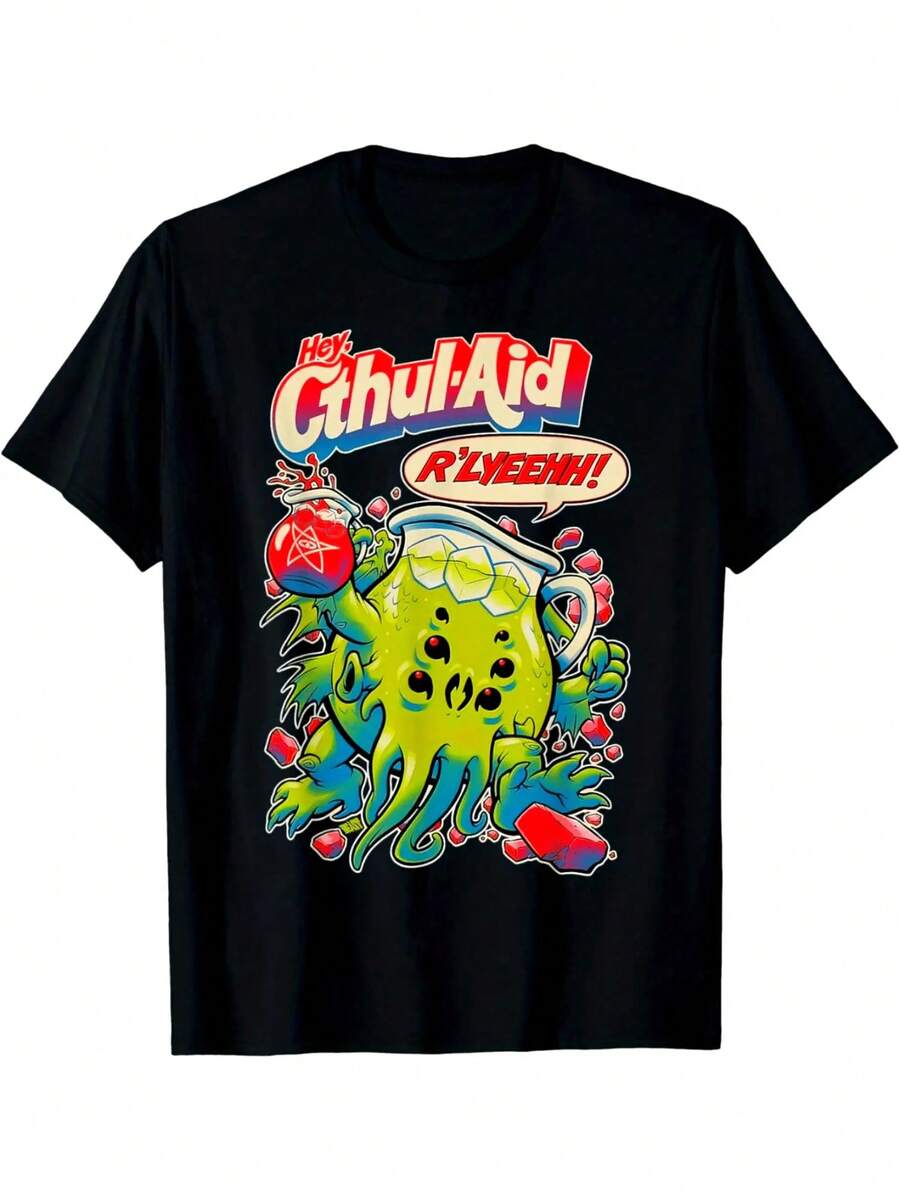 Camiseta gráfica para hombres "Cthulhu Aid" - 100% algodón, ajuste casual, manga corta, cuello redondo - diseño vibrante de Cthulhu estilo anime con letras en negrita, tela no elástica - perfecta para todas las estaciones - Negro - Ver 1