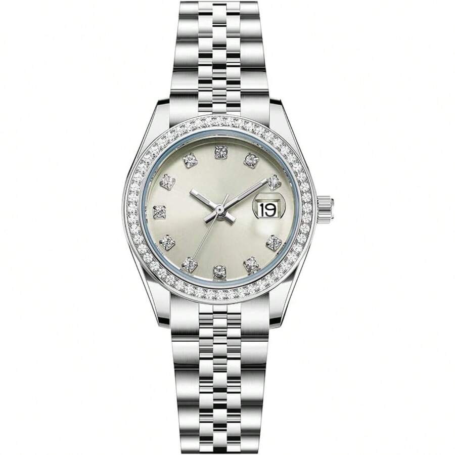 SHENGKE Women's Crystal Accented With Solid Alloy Steel Band Watch Elegant Dress Quartz Calendar Watches For Women - Bạc & Xanh nhạt màu be - Xem 1