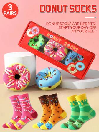 3 Pairs Donut Pattern Socks, Suitable For Daily Life And Outdoor Sports, Quality Thick Women's Socks For Autumn/Winter, Interesting Geometric Striped Print Men's Mid-Calf Socks, Unique Holiday Gift Set Design Long Socks, Suitable For Halloween/Christmas/Birthday Party/Valentine's Day/Anniversary And Various Festivals Whimsical Gifts, Fun Surprise Socks To Give To Friends/Family/Loved Ones