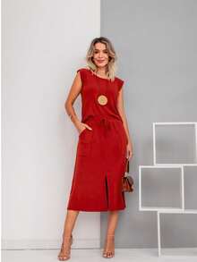 Women's Premium Fleece Midi Skirt Set - 紅色 - 查看 1