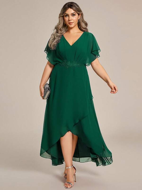 Vestido de fiesta de noche con abertura, manga de murciélago, bordado y aplicaciones, color verde oscuro, para eventos y banquetes de otoño/invierno, talla grande