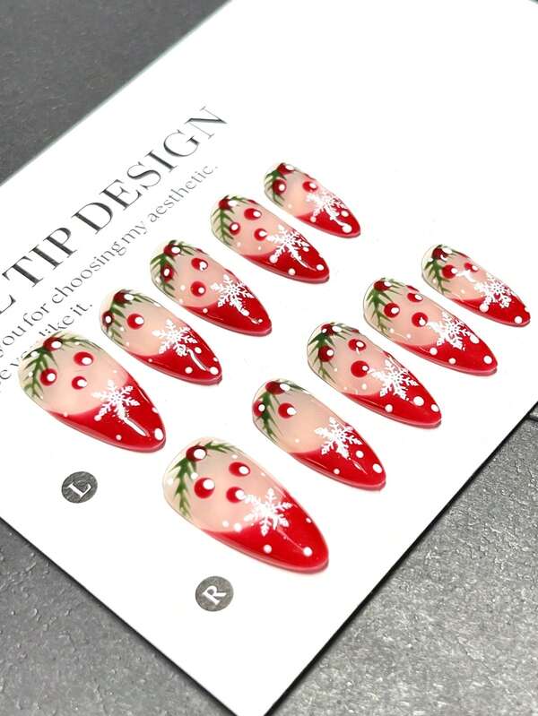 1package/10pcs-Festive Christmas Vibe: Snowflake & Berry Manicure Nail Tips