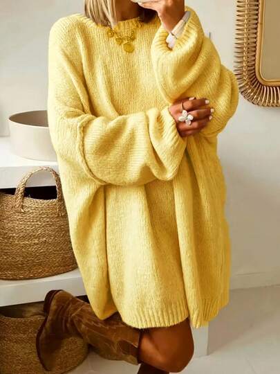 Camisola de malha para mulher plus size, elegante, estilosa, corte largo, manga comprida, gola redonda, cor lisa, adequada para o Natal, outono/inverno, amarelo outonal