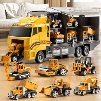  Juguetes de Navidad Temi para niños pequeños de 3 a 6 años, set de vehículo de juguete camión con remolque y alfombra de juego, camión de juguete de metal y coches de aleación para niños y niñas de 3 a 9 años, de vuelta al colegio