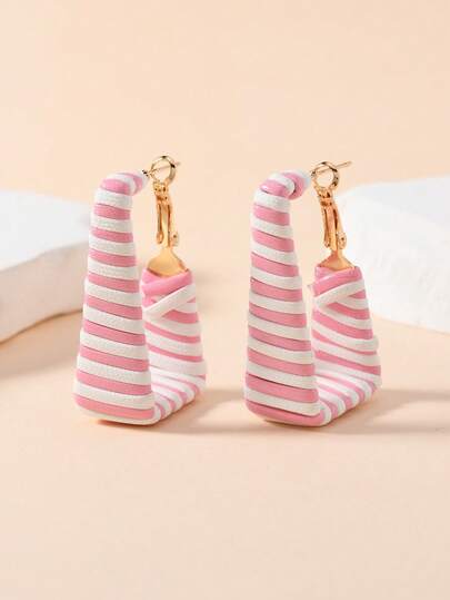 1 Pair Bohemian Style Autumn/Winter Black & White Striped, Zebra Print, Pink & White, Red & White, Blue & White, Black & Gold PU Leather Handwoven C-Shaped Fashion Casual Elegant Simple Rectangle Earrings For Women, Suitable For Daily Wear