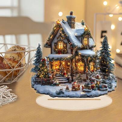 Świąteczny Domek Śnieżny Akrylowa Stojak na Biurko – Świąteczna Dekoracja Ze Stojakiem, Idealna Do Domu i Biura
