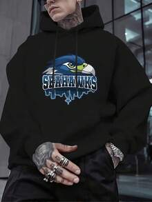Men's Hooded Sweatshirt - Heavyweight Pullover Hoodie With Seahawks - Dark Grey & Blue Team Spirit Design - Long Sleeve Winter Warmth - Machine Washable Casual Athletic Sweater For Sports Events & Casual Attire - Geometric Print With Front Pocket - Regular Fit For Men - Suitable For Outdoor Activities & Casual Wear - Seahawks Logo & Text Design - màu đen - Xem 2