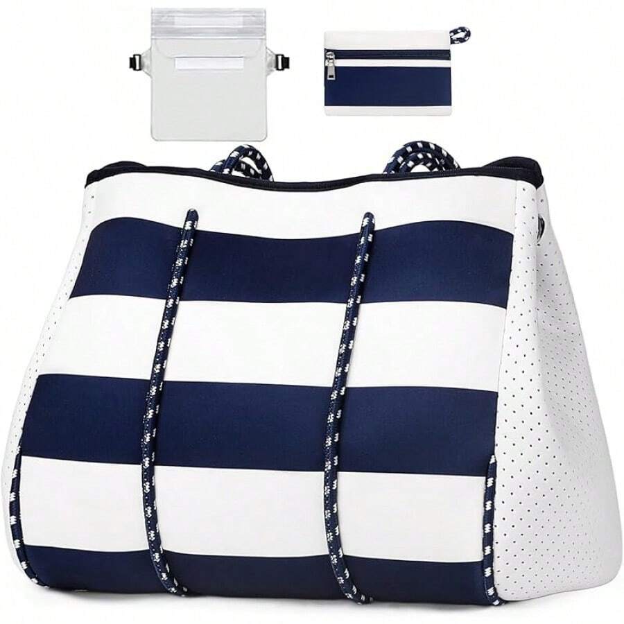 Large Multipurpose Neoprene Beach Tote Bag With Inner Pocket Women/Pool - C3-dark Blue Stripes - View 1