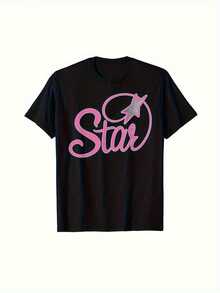 Camiseta gráfica retro de los 90 y 00 para hombres - Estética Y2K, algodón negro con diseño de estrella rosa, cuello redondo, manga corta, lavable a máquina, estilo bohemio, ropa de todas las estaciones, camiseta casual de moda de algodón - Negro - Ver 1