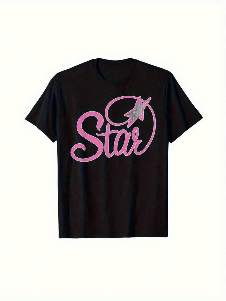 Camiseta gráfica retro de los 90 y 00 para hombres - Estética Y2K, algodón negro con diseño de estrella rosa, cuello redondo, manga corta, lavable a máquina, estilo bohemio, ropa de todas las estaciones, camiseta casual de moda de algodón - Negro - Ver 1