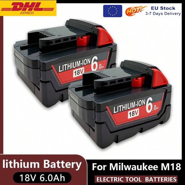 2Pack Ersatz für Milwaukee M-18 18V-6.0Ah, Werkstattakku, Akku ohne Kabel, Leichte Stromquelle, Ergonomischer Griff, Lithium-Ionen-Technologie, Wiederaufladbarer Akku, Akkuersatz, Akkupack, Akkuersatz